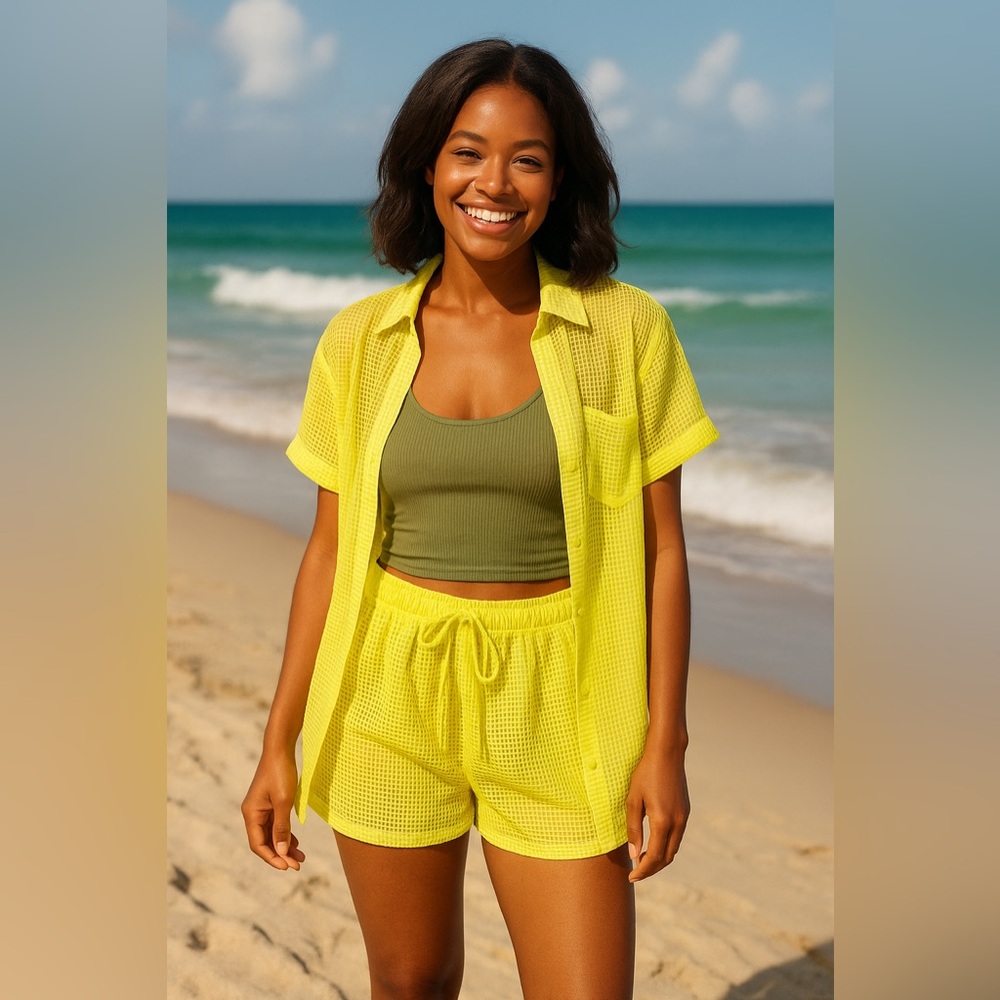 Yellow Mesh Button-Up Shirt & Drawstring Shorts Set – Size L Brand New